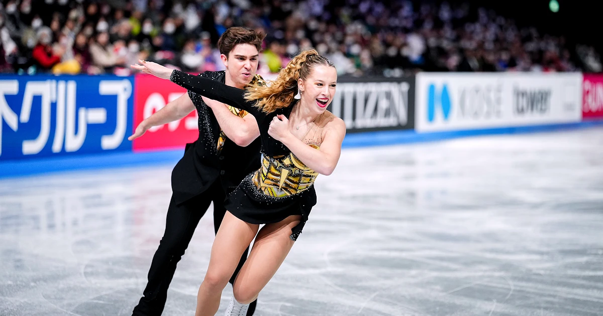 Canadian ice dancers Layla Veillon and Alexander Brandys perform their rhythm dance at the 2026 ISU World Junior Figure Skating Championships.